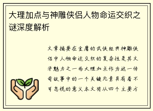 大理加点与神雕侠侣人物命运交织之谜深度解析